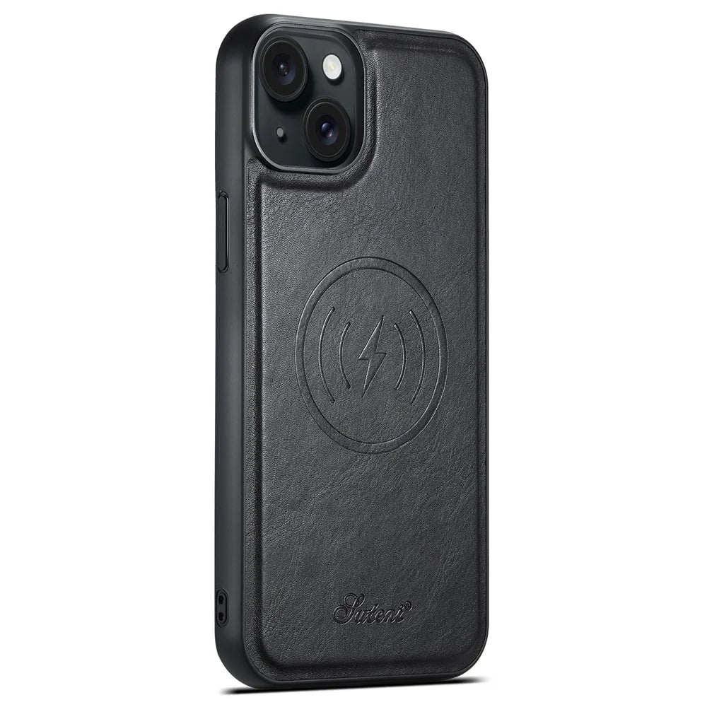 SUTENI H17 For iPhone 15 Plus Case Compatible with MagSafe PU+TPU Kickstand Phone Cover - Black - 5