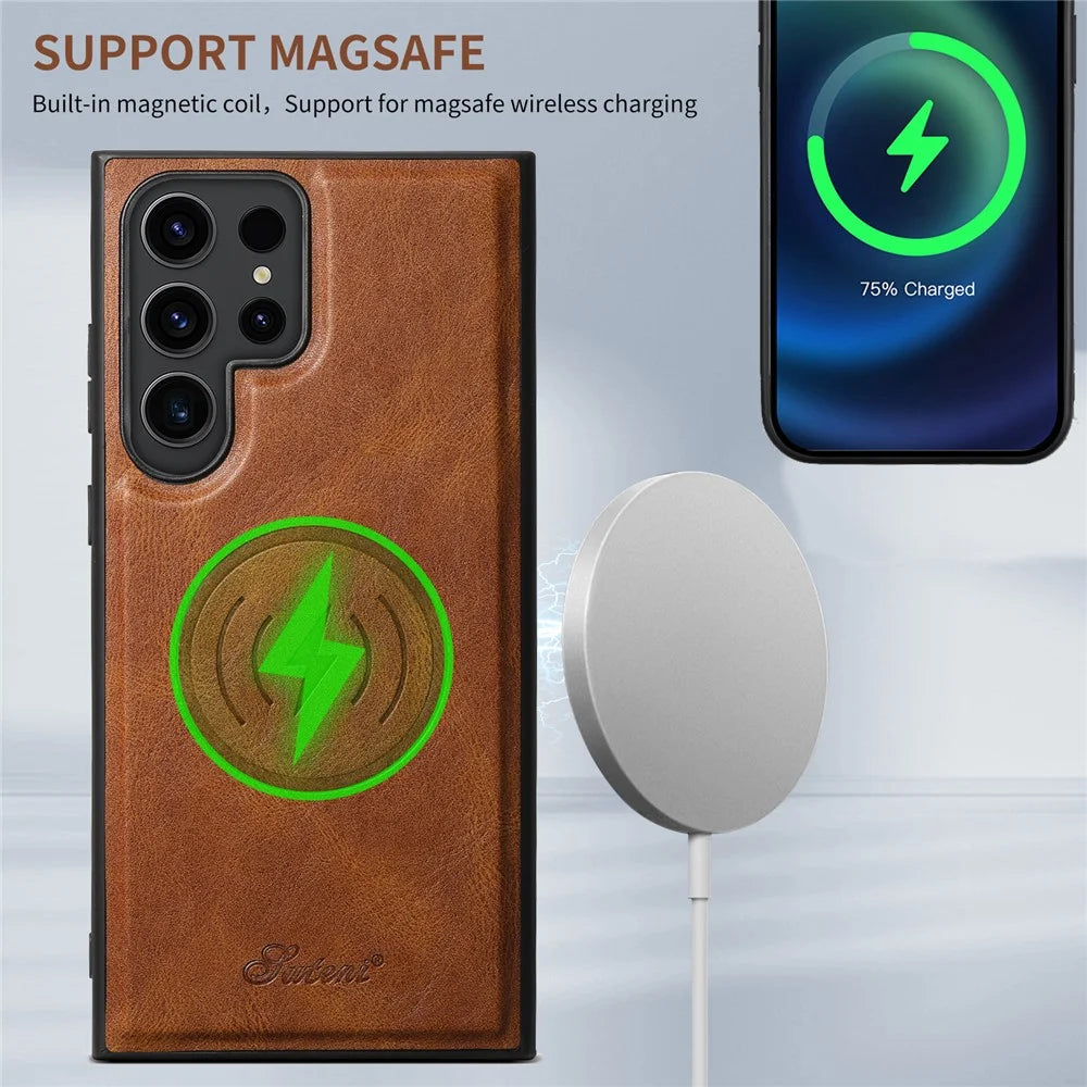 SUTENI H17 For Samsung Galaxy S22 Ultra 5G Case Card Holder Phone Cover Magnetic Case - Brown - 4