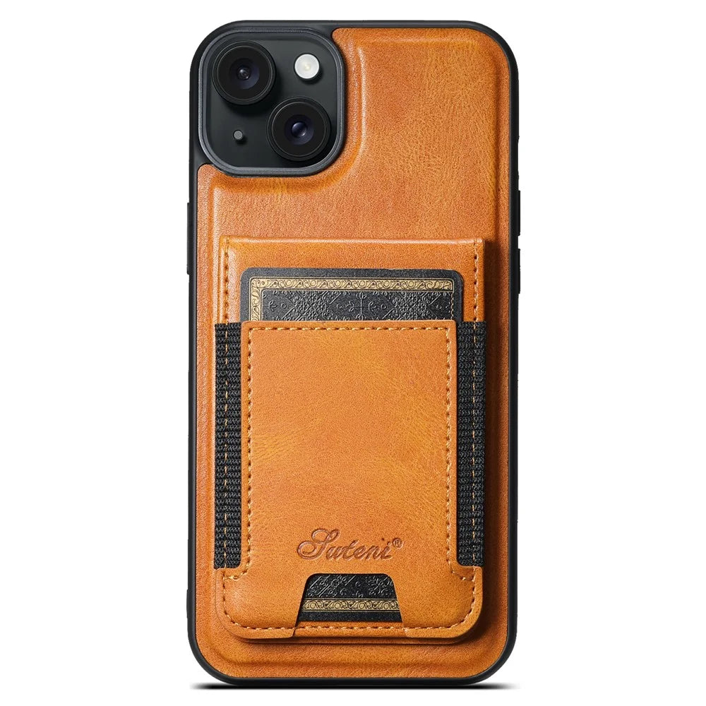 SUTENI H17 For iPhone 13 PU+TPU Case Compatible with MagSafe Card Holder Kickstand Phone Case - Khaki - 2