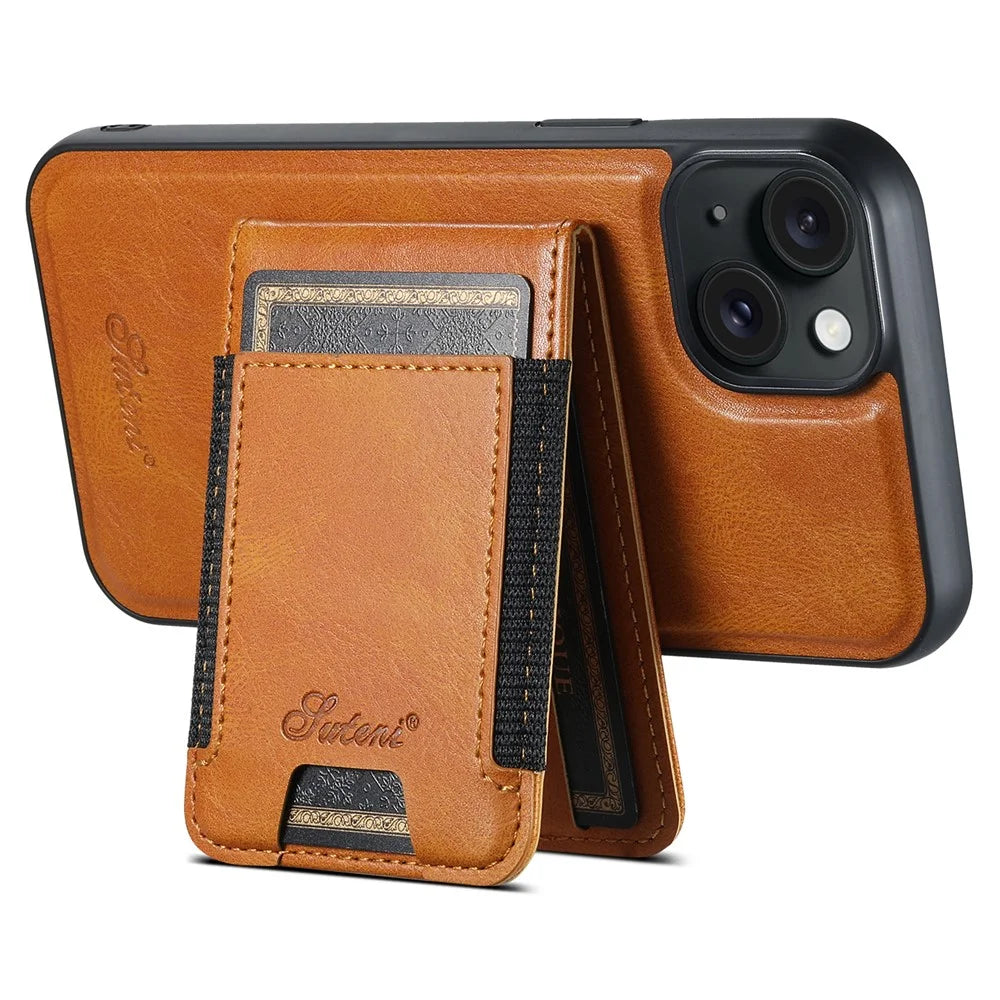 SUTENI H17 For iPhone 13 PU+TPU Case Compatible with MagSafe Card Holder Kickstand Phone Case - Khaki - 3