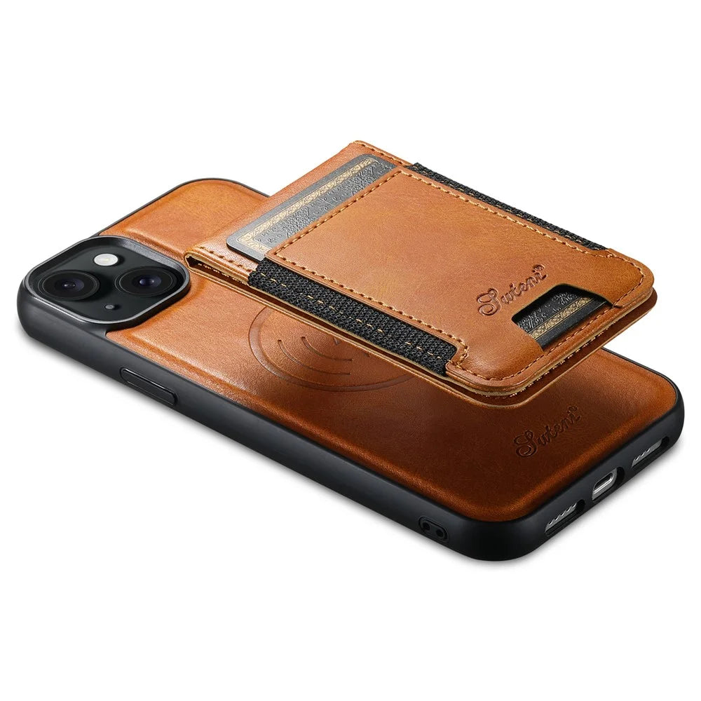 SUTENI H17 For iPhone 13 PU+TPU Case Compatible with MagSafe Card Holder Kickstand Phone Case - Khaki - 4