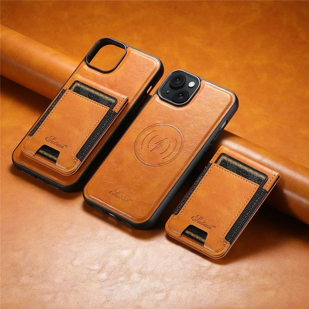 SUTENI H17 For iPhone 13 PU+TPU Case Compatible with MagSafe Card Holder Kickstand Phone Case - Khaki - 6