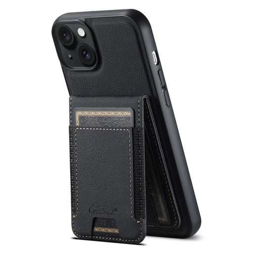 SUTENI H17 For iPhone 14 Plus Magnetic Case Litchi Texture Kickstand Phone Back Shell - Black - 1