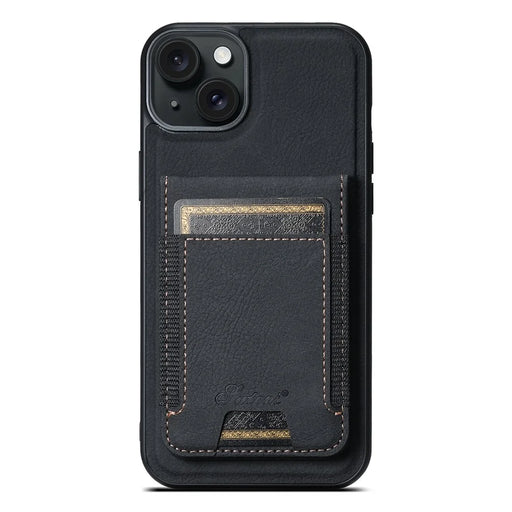 SUTENI H17 For iPhone 14 Plus Magnetic Case Litchi Texture Kickstand Phone Back Shell - Black - 2