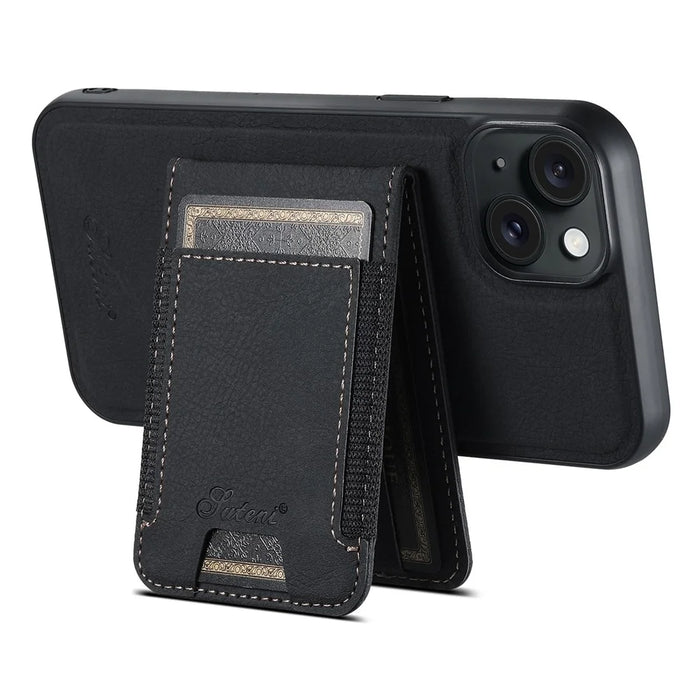 SUTENI H17 For iPhone 14 Plus Magnetic Case Litchi Texture Kickstand Phone Back Shell - Black - 3