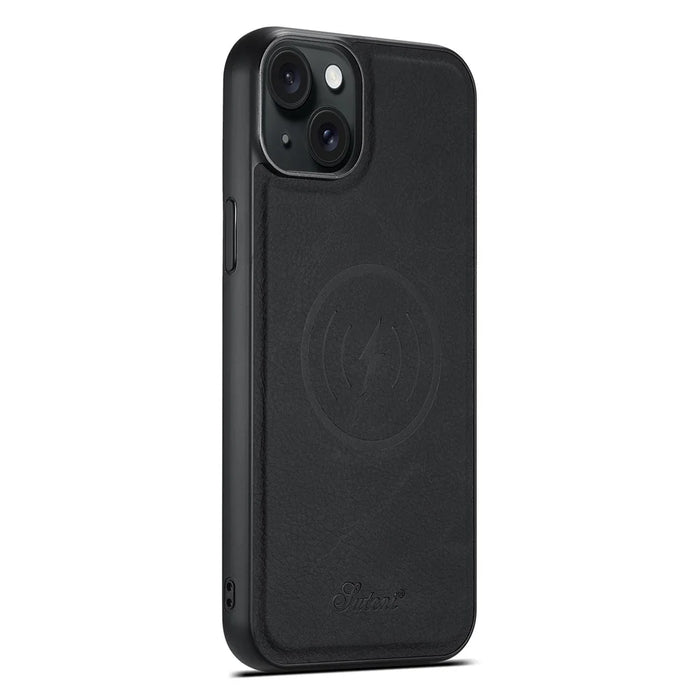 SUTENI H17 For iPhone 14 Plus Magnetic Case Litchi Texture Kickstand Phone Back Shell - Black - 5