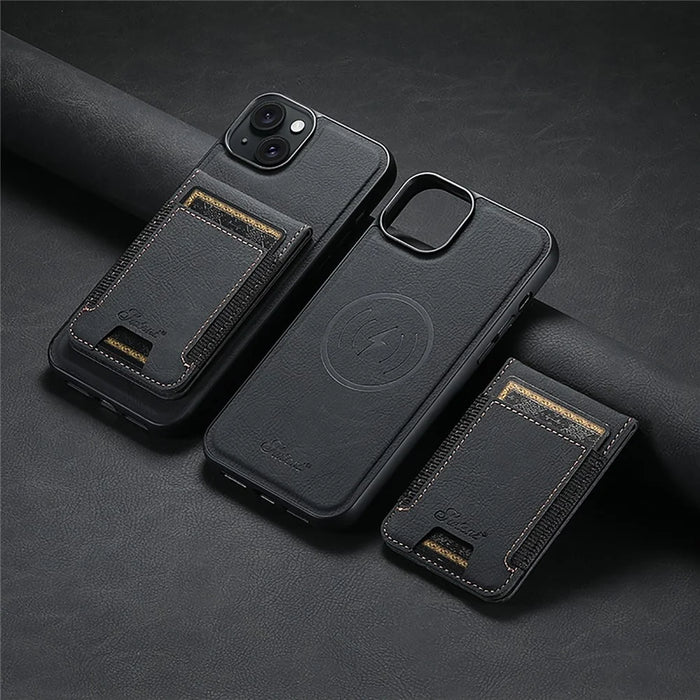 SUTENI H17 For iPhone 14 Plus Magnetic Case Litchi Texture Kickstand Phone Back Shell - Black - 6