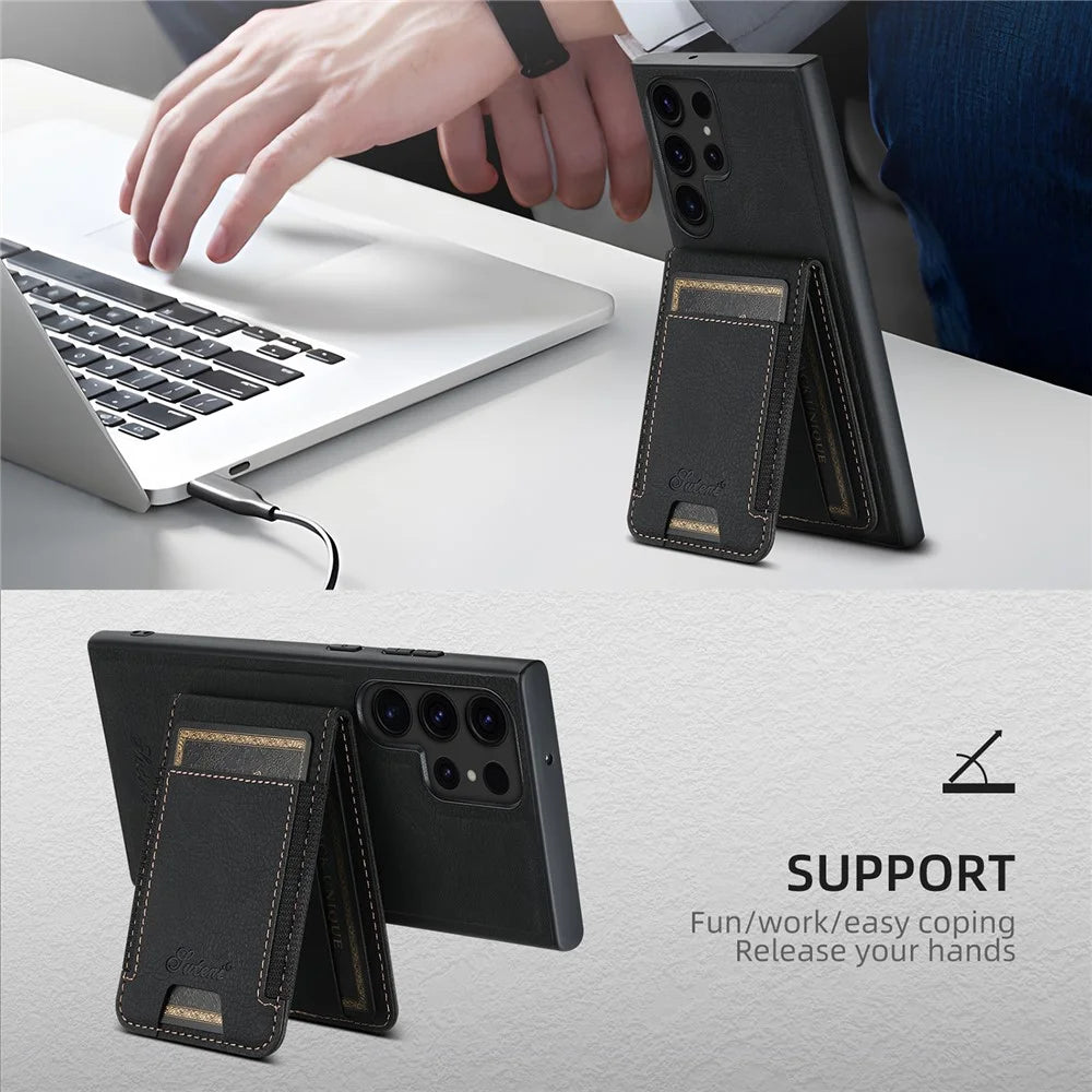 SUTENI H17 For Samsung Galaxy S23 Ultra Case Leather Card Holder Cover Magnetic Case - Black - 3