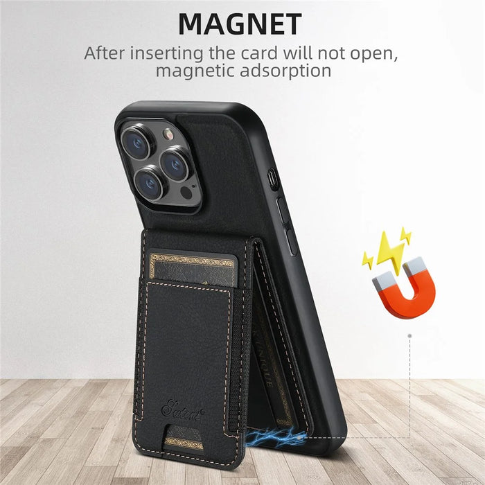 SUTENI H17 For iPhone 14 Pro Max Magnetic Case Litchi Texture Detachable Card Slot Protective Shell - Black - 6