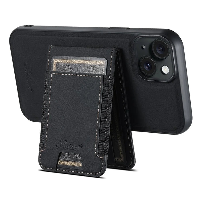 SUTENI H17 Leather Case for iPhone 15 Shell Shockproof Litchi Texture Magnetic Phone Cover - Black - 3