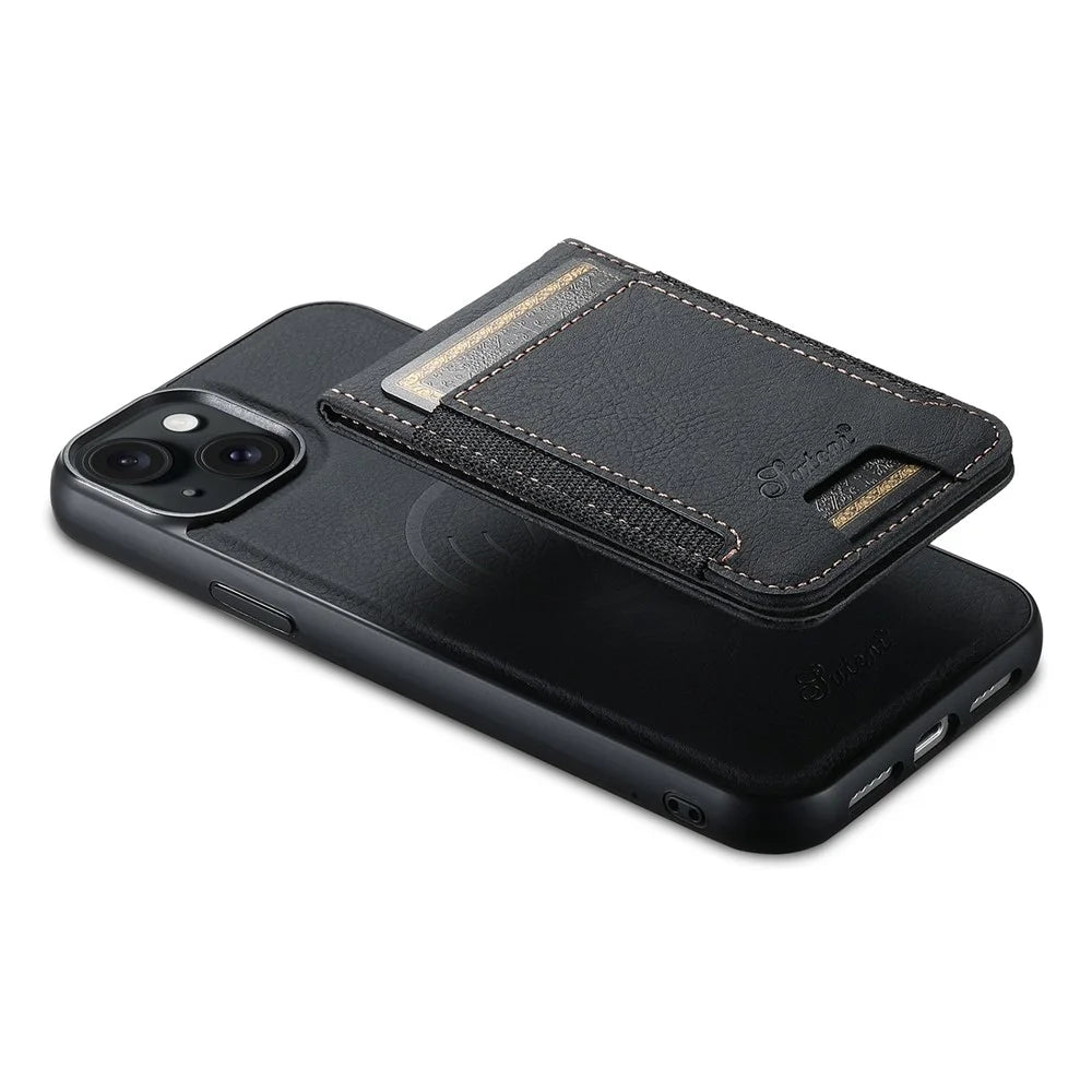 SUTENI H17 Leather Case for iPhone 15 Shell Shockproof Litchi Texture Magnetic Phone Cover - Black - 4