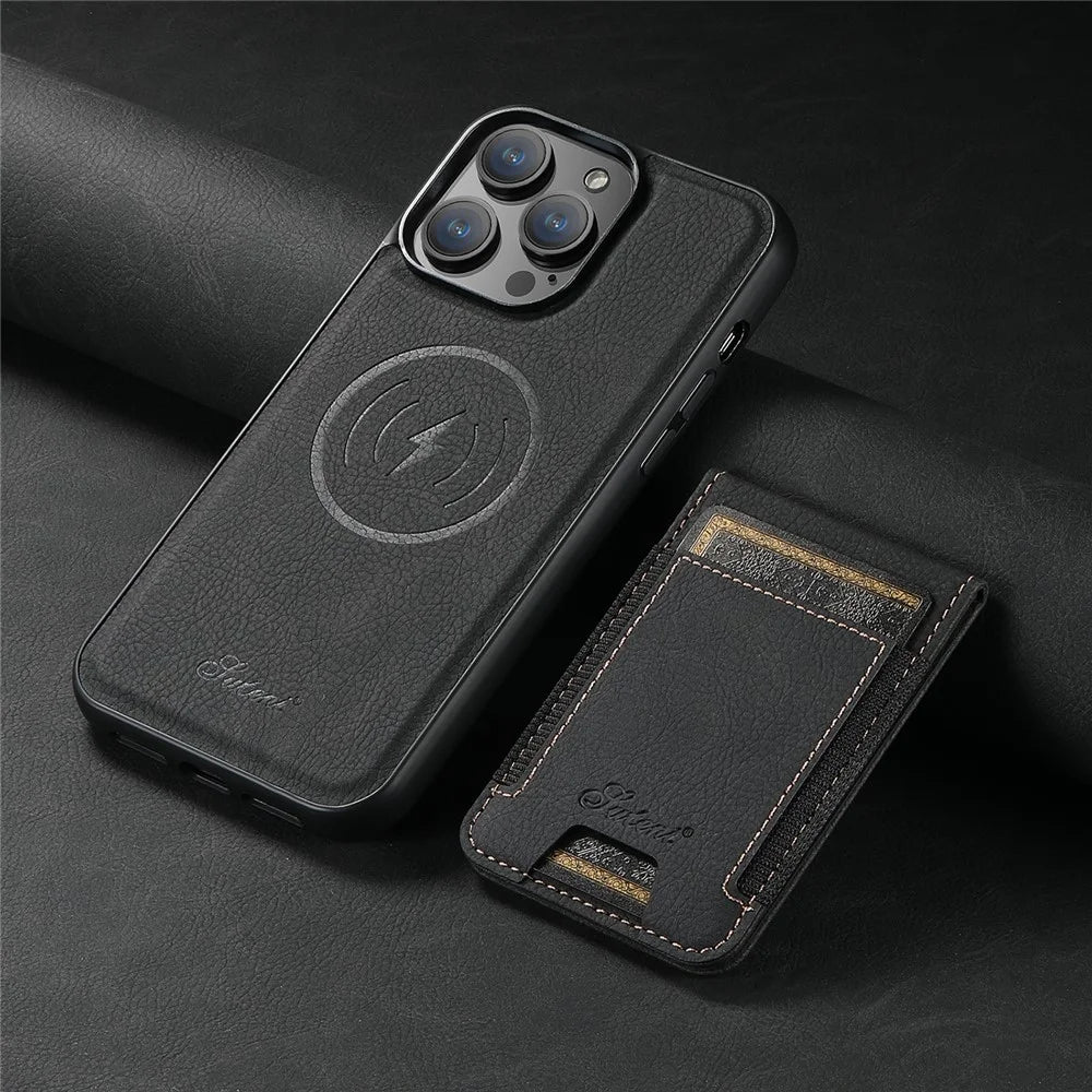 SUTENI H17 For iPhone 13 Pro Max Case Card Slots Kickstand Leather+TPU Phone Cover - Black - 5