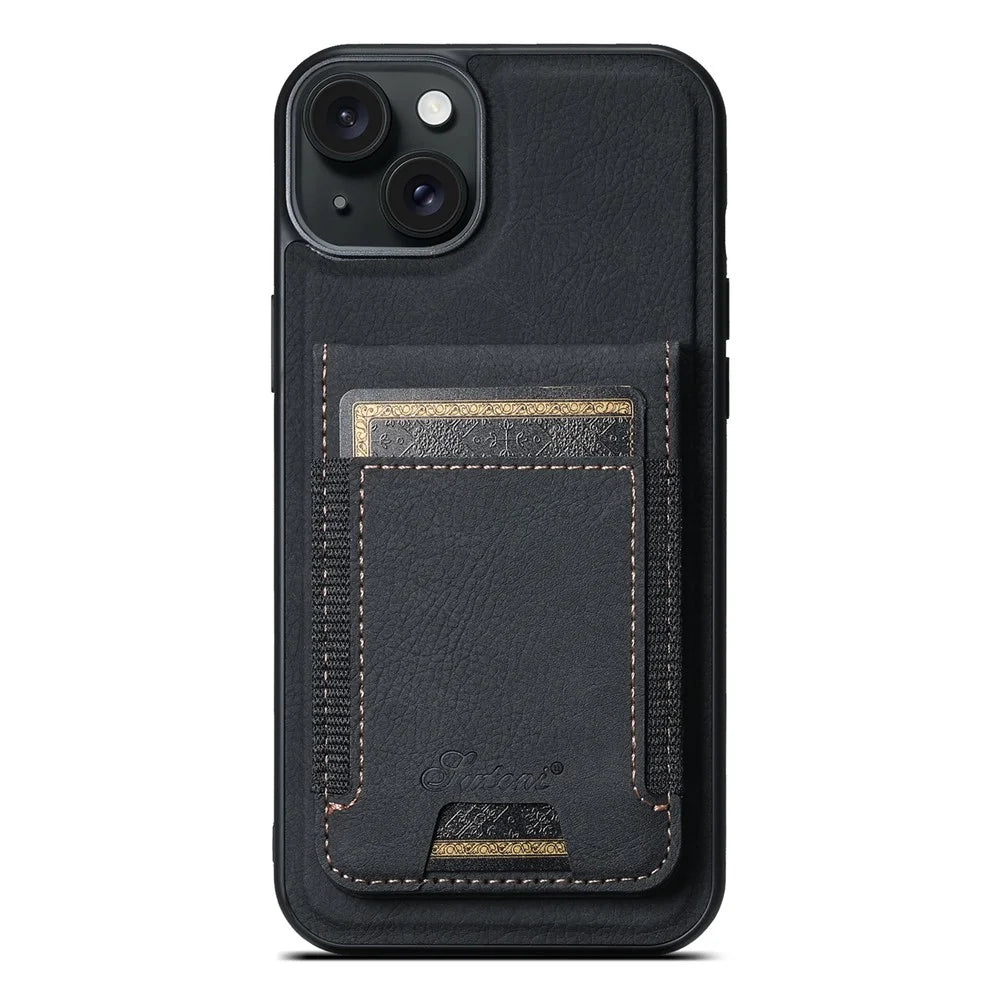 SUTENI H17 For iPhone 14 Case Card Slots Leather Coated TPU Magnetic Phone Cover - Black - 2