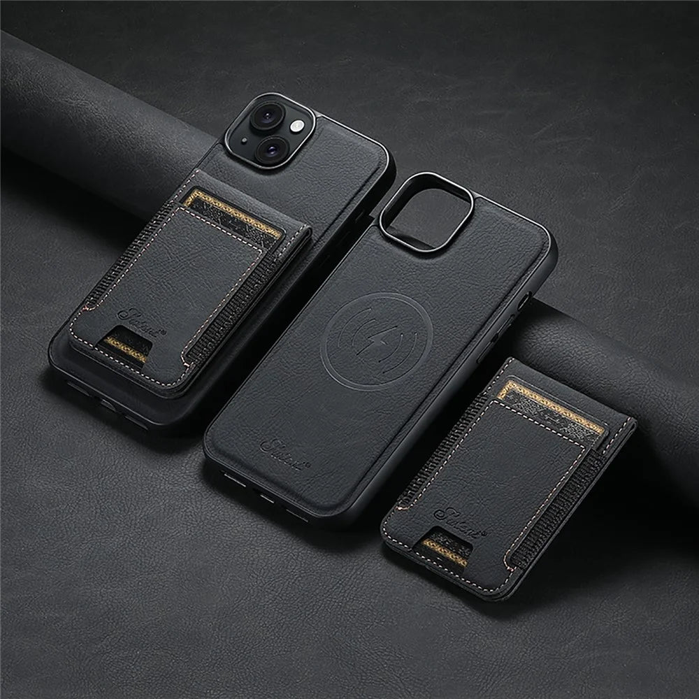 SUTENI H17 For iPhone 14 Case Card Slots Leather Coated TPU Magnetic Phone Cover - Black - 6