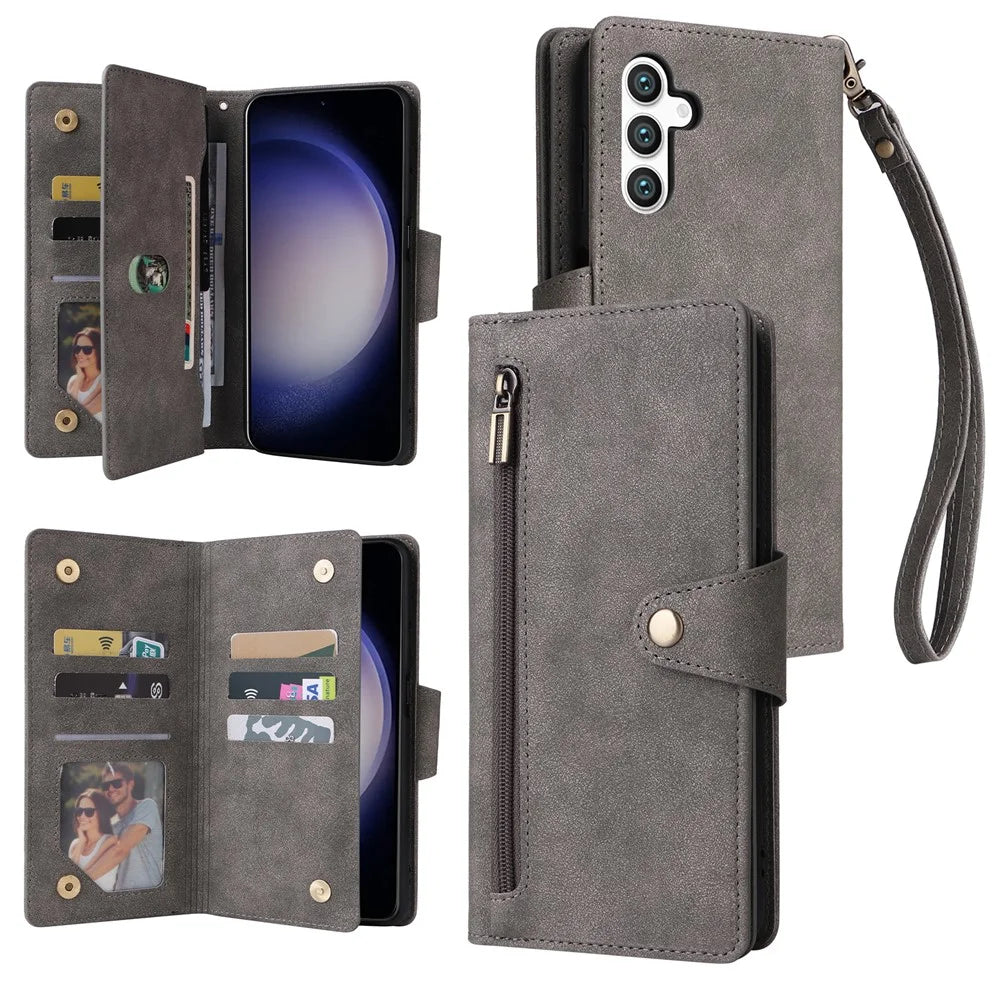 For Samsung Galaxy S24+ Case Zipper Pocket Folio PU Leather Wallet Phone Cover - Grey - 1