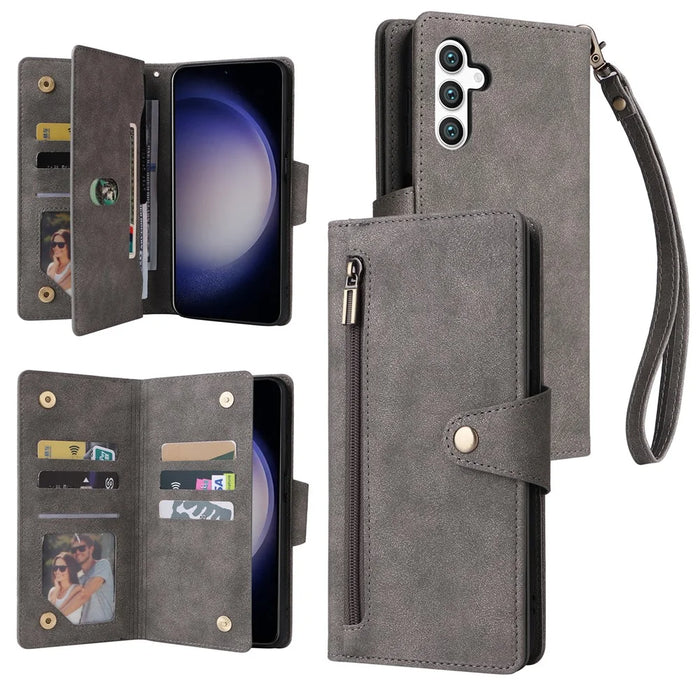 For Samsung Galaxy S24+ Case Zipper Pocket Folio PU Leather Wallet Phone Cover - Grey - 1