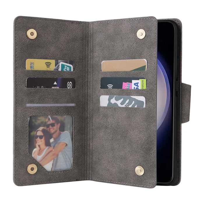 For Samsung Galaxy S24+ Case Zipper Pocket Folio PU Leather Wallet Phone Cover - Grey - 2