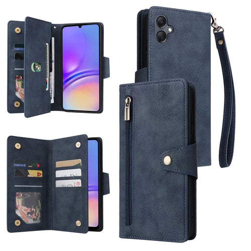 For Samsung Galaxy A05 4G Leather Case Wallet Zipper Pocket Phone Cover Rivet Decor - Blue - 1