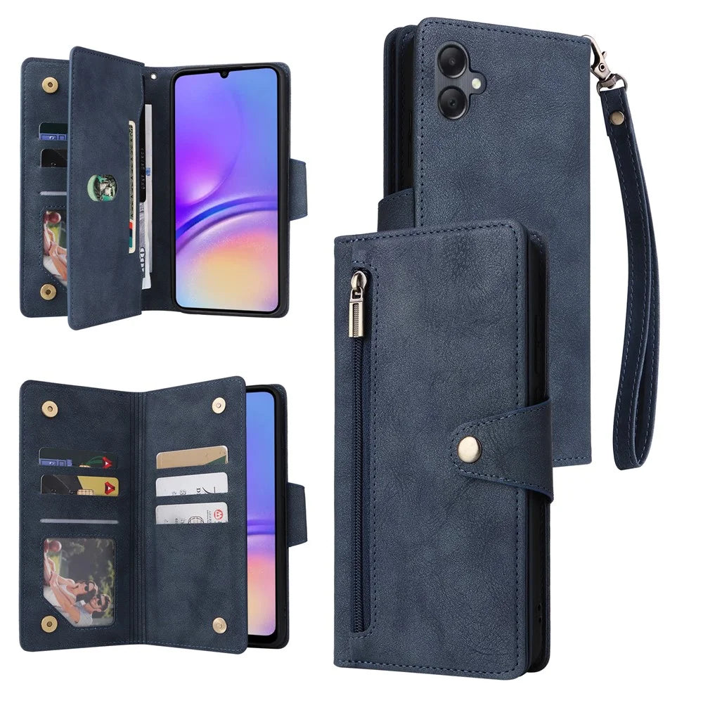 For Samsung Galaxy A05 4G Leather Case Wallet Zipper Pocket Phone Cover Rivet Decor - Blue - 1