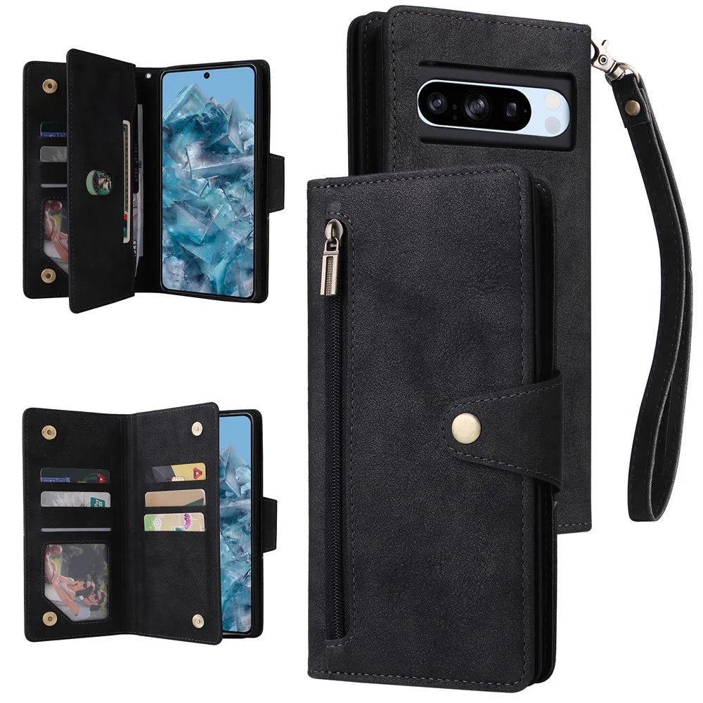 For Google Pixel 8a Case PU Leather Flip Phone Cover with 9 Card Slots - Black - 1
