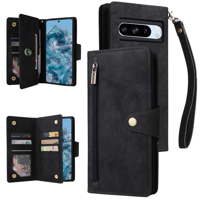 For Google Pixel 8a Case PU Leather Flip Phone Cover with 9 Card Slots - Black - 1