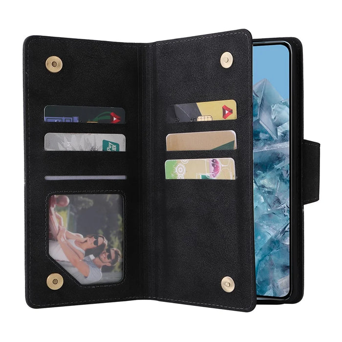 For Google Pixel 8a Case PU Leather Flip Phone Cover with 9 Card Slots - Black - 2