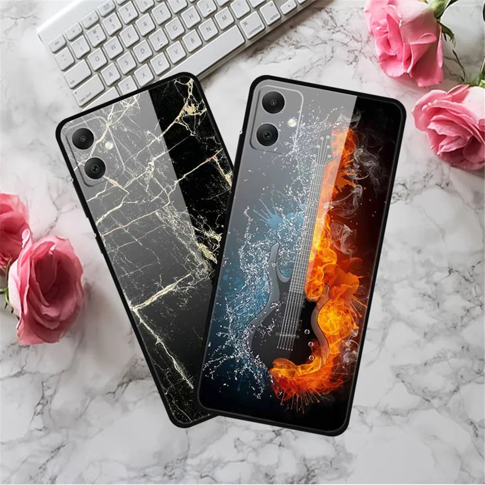 For Samsung Galaxy A05 4G Case PC+Tempered Glass+TPU Bump Proof Phone Cover - Platinum Black Grain - 2