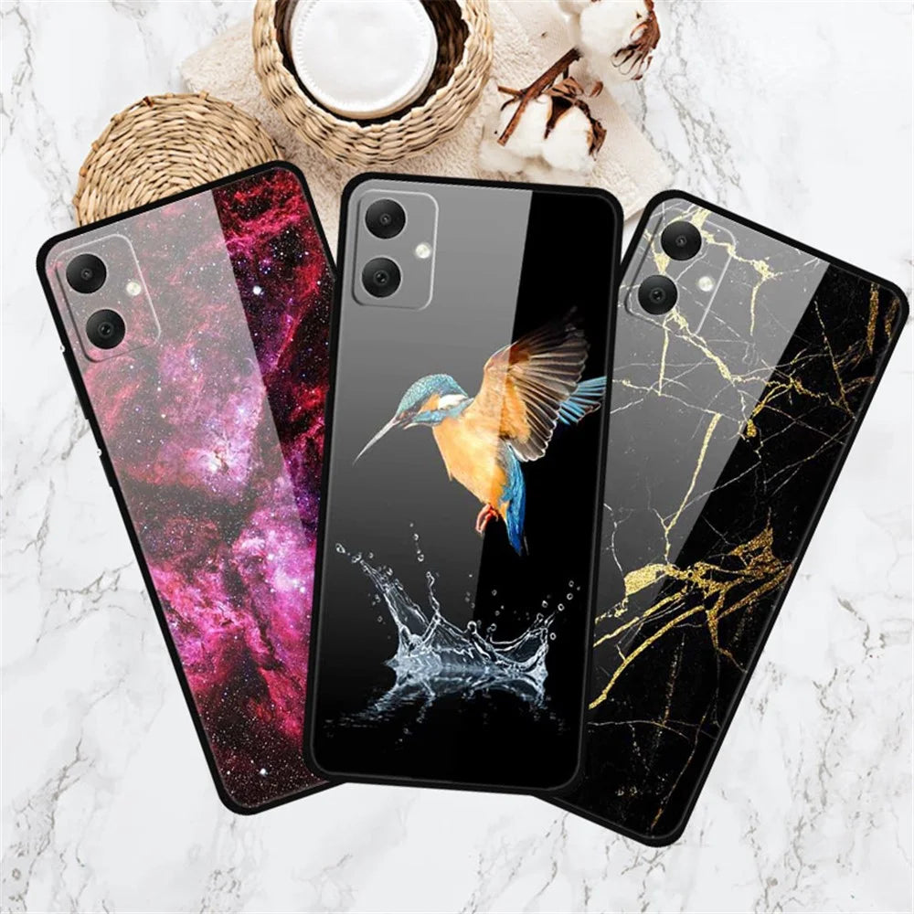 For Samsung Galaxy A05 4G Case PC+Tempered Glass+TPU Bump Proof Phone Cover - Platinum Black Grain - 4