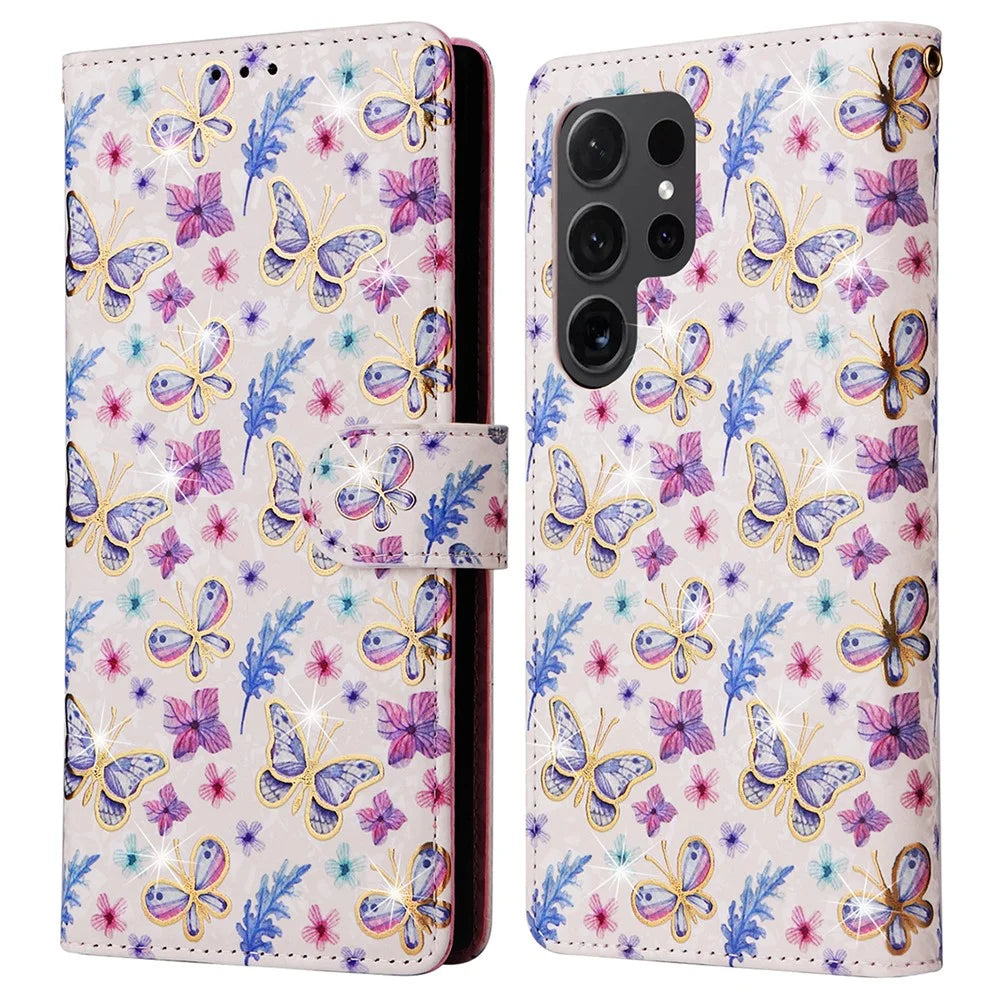 For Samsung Galaxy S24 Ultra Lacquered Flower Leather Phone Wallet Cover - Butterfly Flower - 1