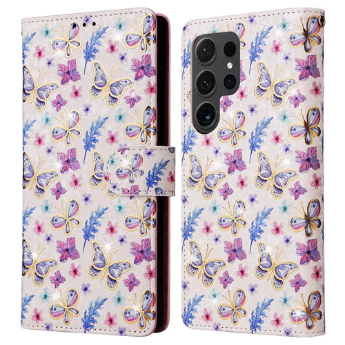 For Samsung Galaxy S24 Ultra Lacquered Flower Leather Phone Wallet Cover - Butterfly Flower - 1