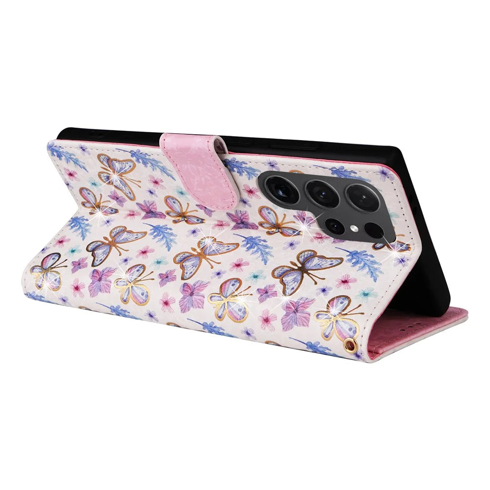 For Samsung Galaxy S24 Ultra Lacquered Flower Leather Phone Wallet Cover - Butterfly Flower - 4