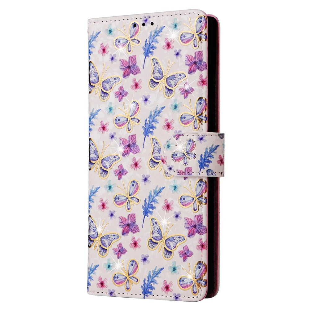 For Samsung Galaxy S24 Ultra Lacquered Flower Leather Phone Wallet Cover - Butterfly Flower - 5