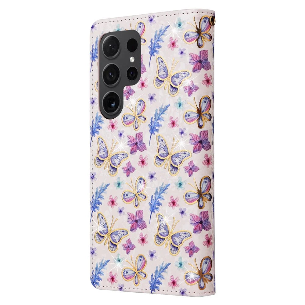For Samsung Galaxy S24 Ultra Lacquered Flower Leather Phone Wallet Cover - Butterfly Flower - 6