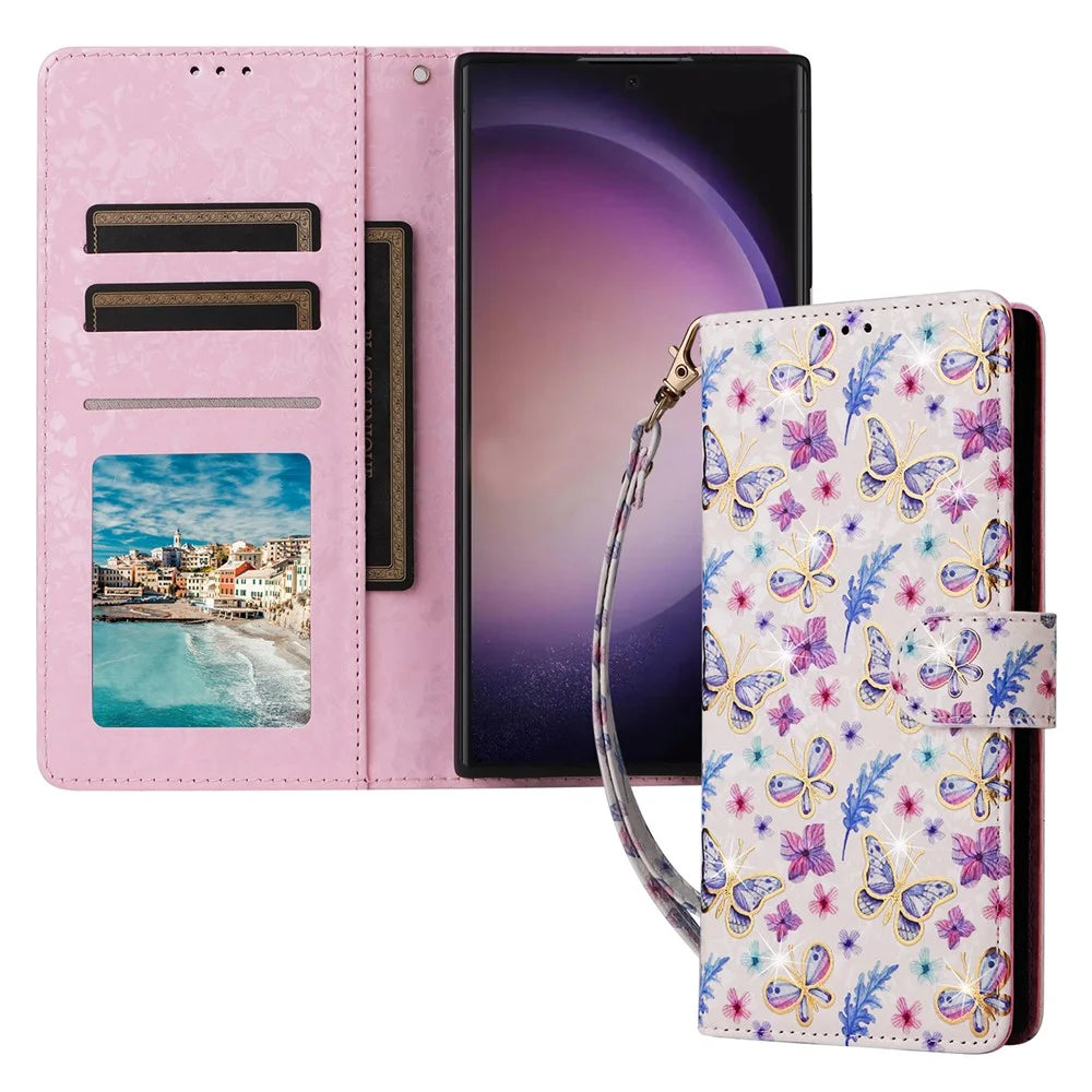 For Samsung Galaxy S24 Ultra Lacquered Flower Leather Phone Wallet Cover - Butterfly Flower - 7