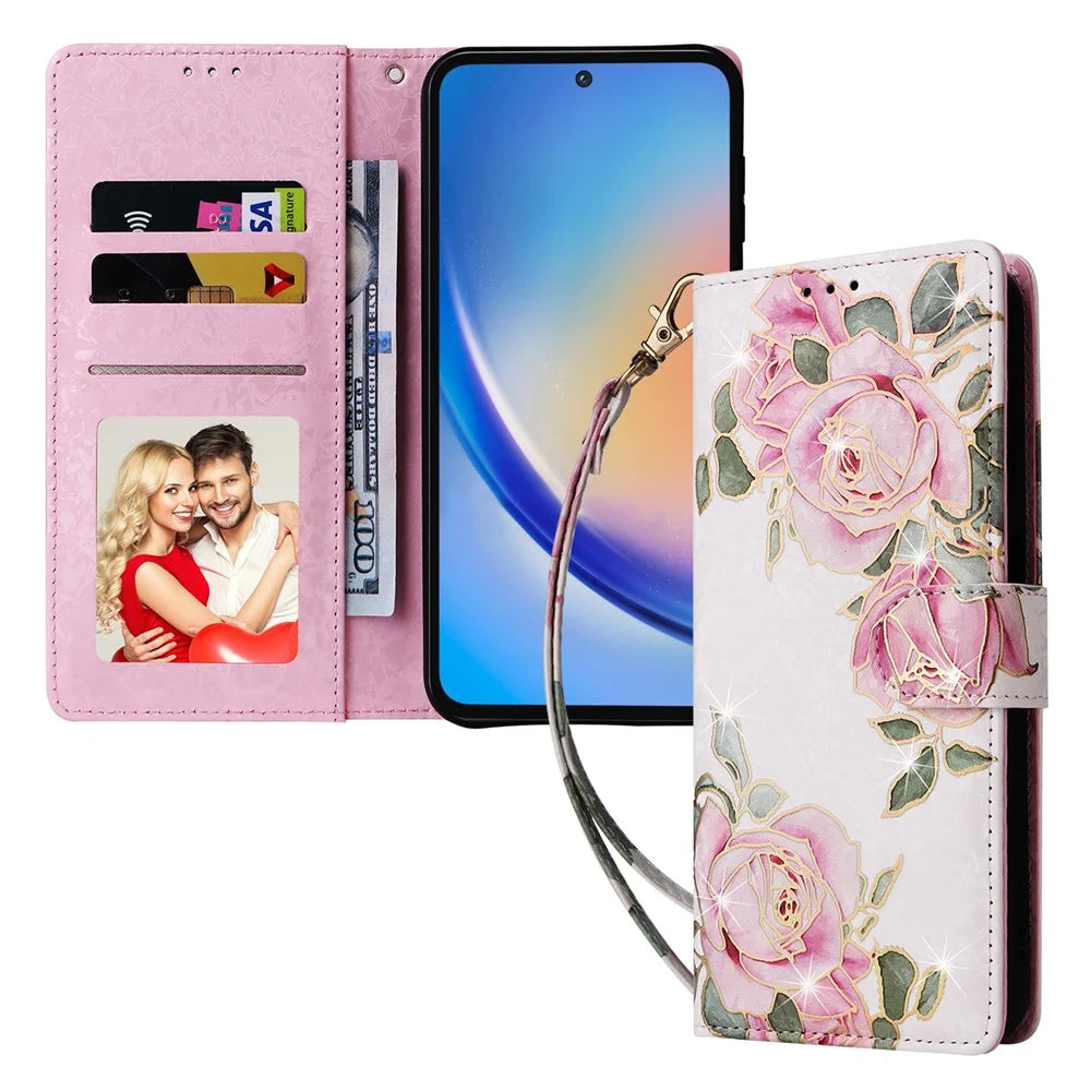 For Samsung Galaxy A35 5G Leather Case RFID Blocking Card Slots Phone Cover - Flower - 7