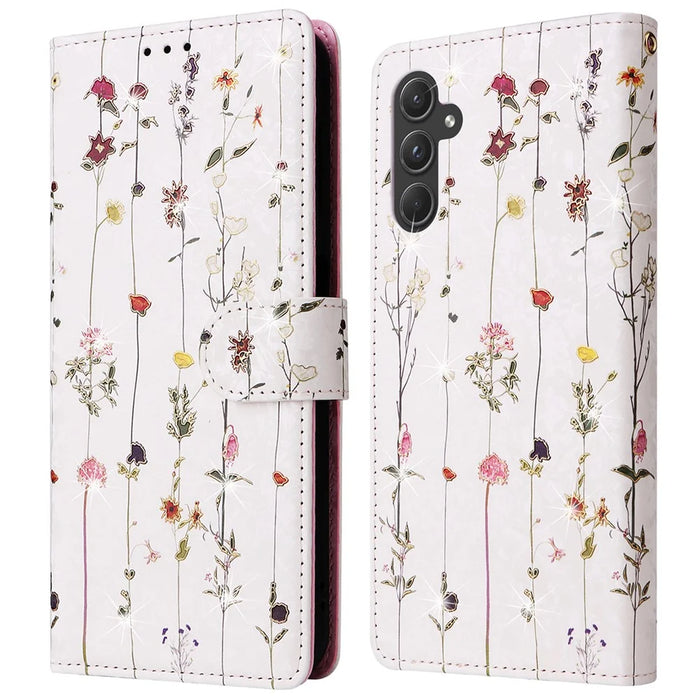 For Samsung Galaxy A55 5G Leather Case Lacquered Phone Cover with RFID Blocking Card Slots - Small Flower - 1