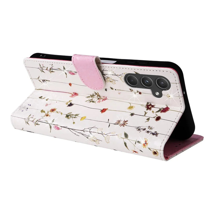 For Samsung Galaxy A55 5G Leather Case Lacquered Phone Cover with RFID Blocking Card Slots - Small Flower - 4