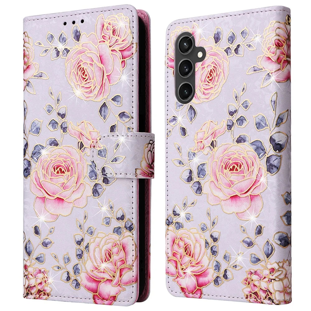For Samsung Galaxy S23 FE Case PU Leather Lacquered Flower Stand Wallet Phone Cover - Rose Flower - 1