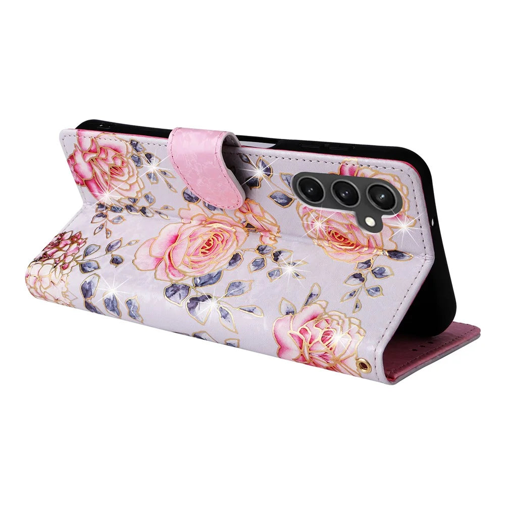 For Samsung Galaxy S23 FE Case PU Leather Lacquered Flower Stand Wallet Phone Cover - Rose Flower - 4