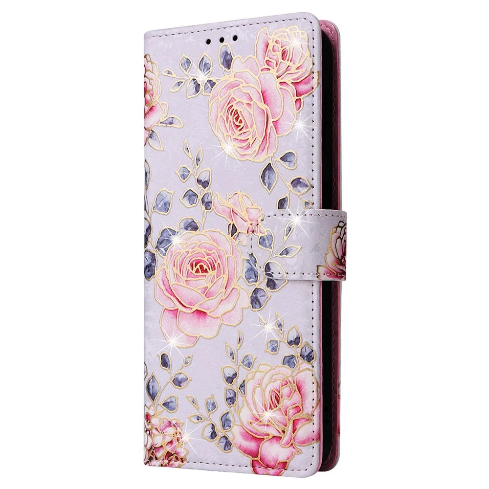 For Samsung Galaxy S23 FE Case PU Leather Lacquered Flower Stand Wallet Phone Cover - Rose Flower - 5