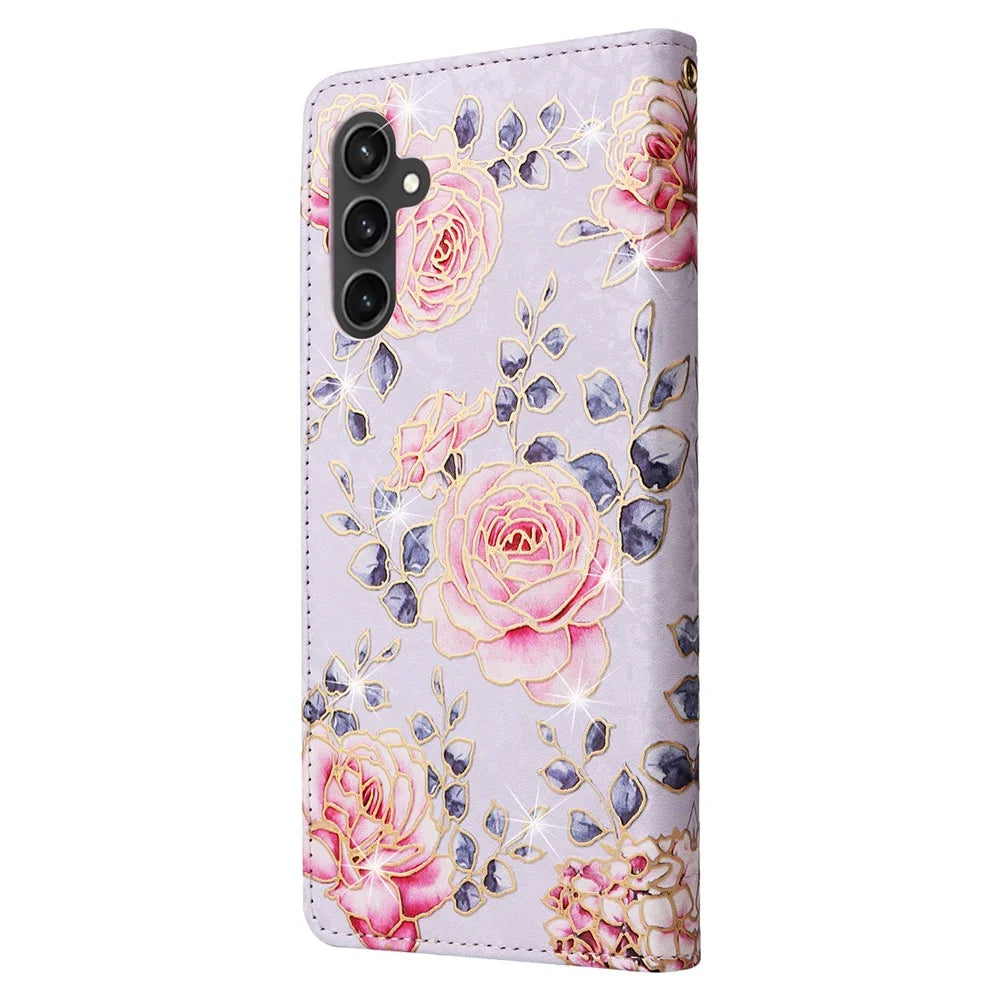 For Samsung Galaxy S23 FE Case PU Leather Lacquered Flower Stand Wallet Phone Cover - Rose Flower - 6