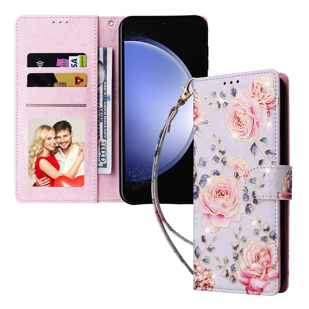 For Samsung Galaxy S23 FE Case PU Leather Lacquered Flower Stand Wallet Phone Cover - Rose Flower - 7