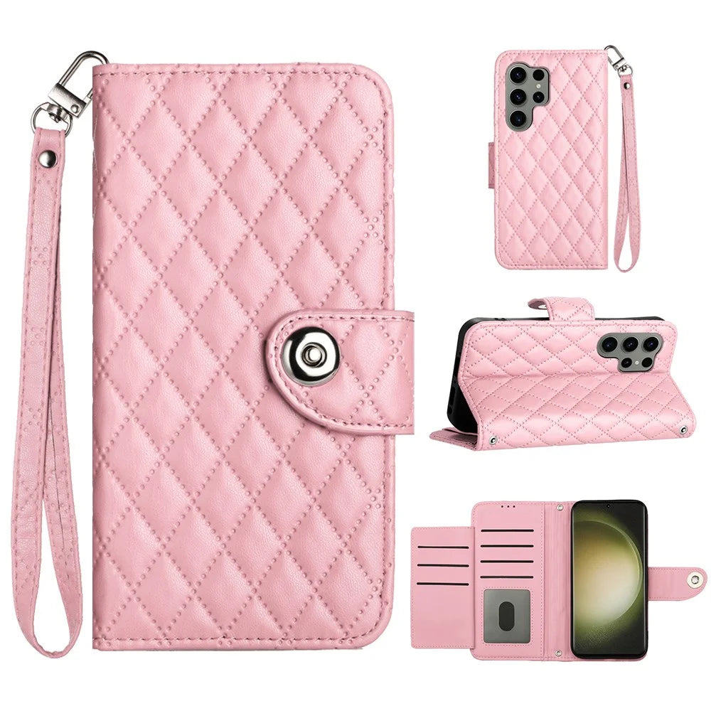 For Samsung Galaxy S23 Ultra Leather Case Phone Stand Cover with 7 Card Slots and Hand Strap - Pink - 1