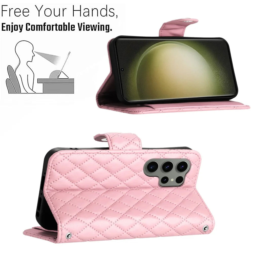 For Samsung Galaxy S23 Ultra Leather Case Phone Stand Cover with 7 Card Slots and Hand Strap - Pink - 3