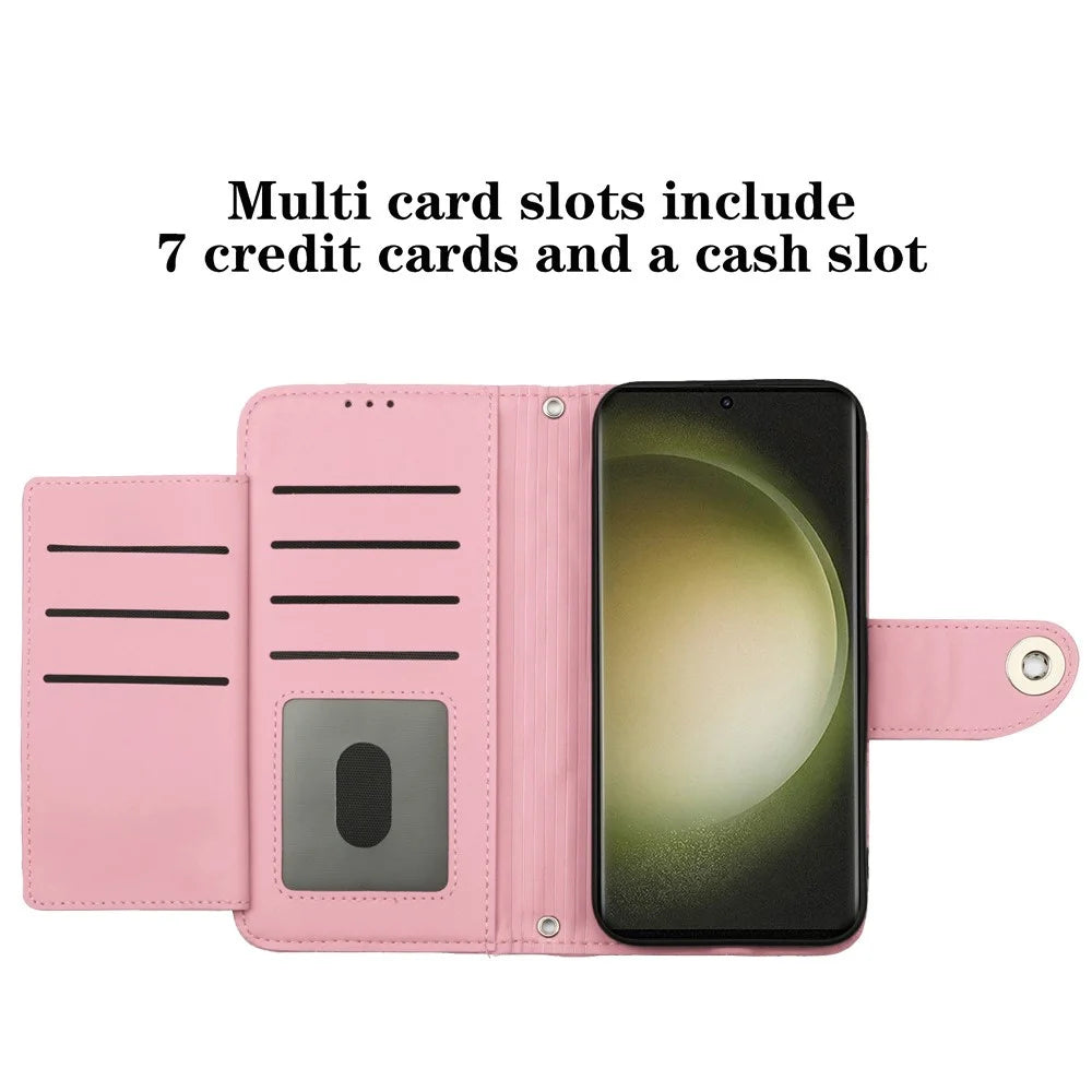 For Samsung Galaxy S23 Ultra Leather Case Phone Stand Cover with 7 Card Slots and Hand Strap - Pink - 4