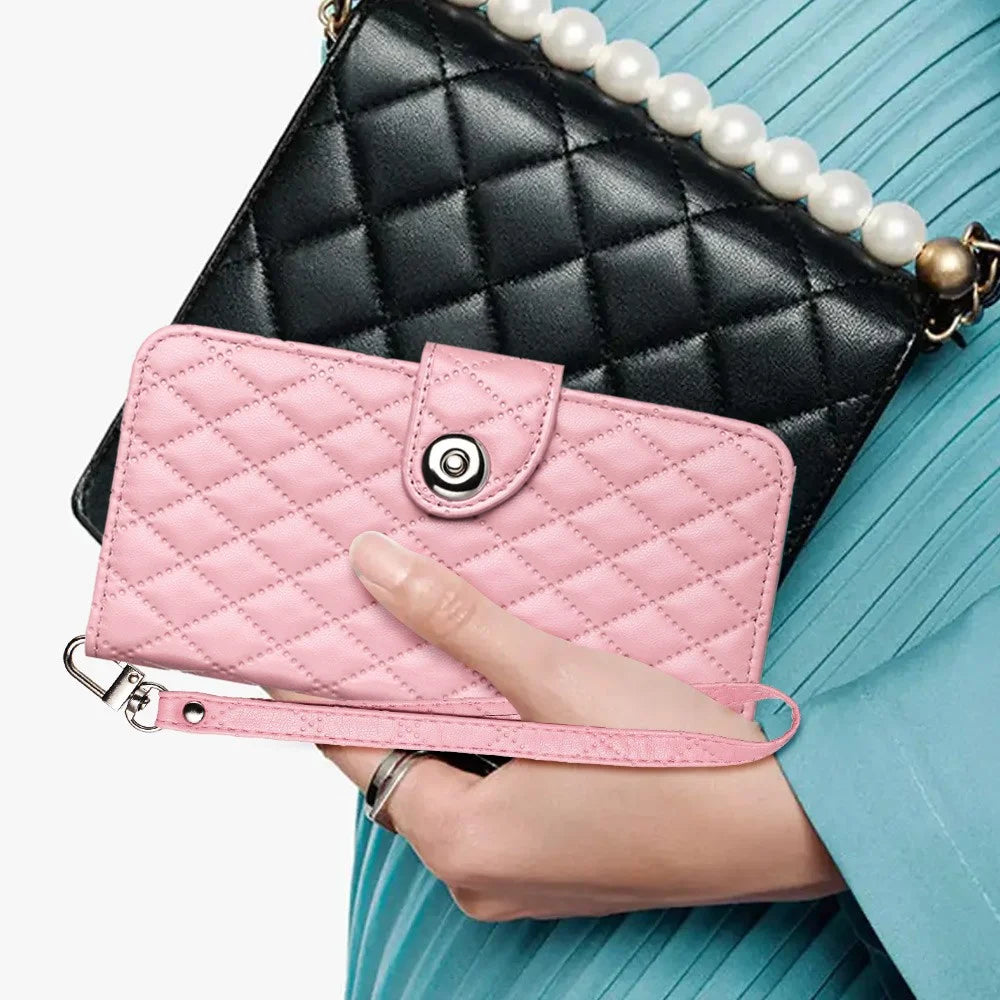 For Samsung Galaxy S23 Ultra Leather Case Phone Stand Cover with 7 Card Slots and Hand Strap - Pink - 5