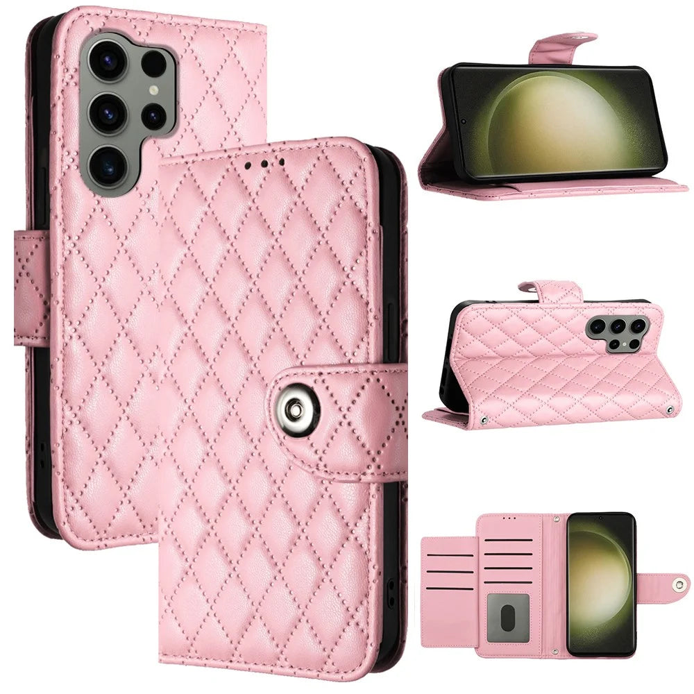 For Samsung Galaxy S23 Ultra Leather Case Phone Stand Cover with 7 Card Slots and Hand Strap - Pink - 6