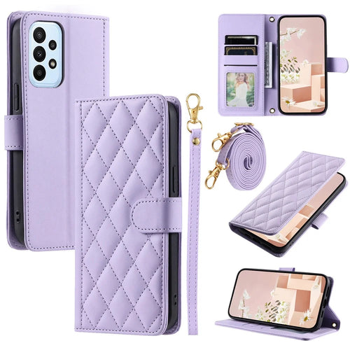 For Samsung Galaxy A32 4G (EU Version) Crossbody Phone Case Rhombus Leather Wallet Cover - Purple - 1