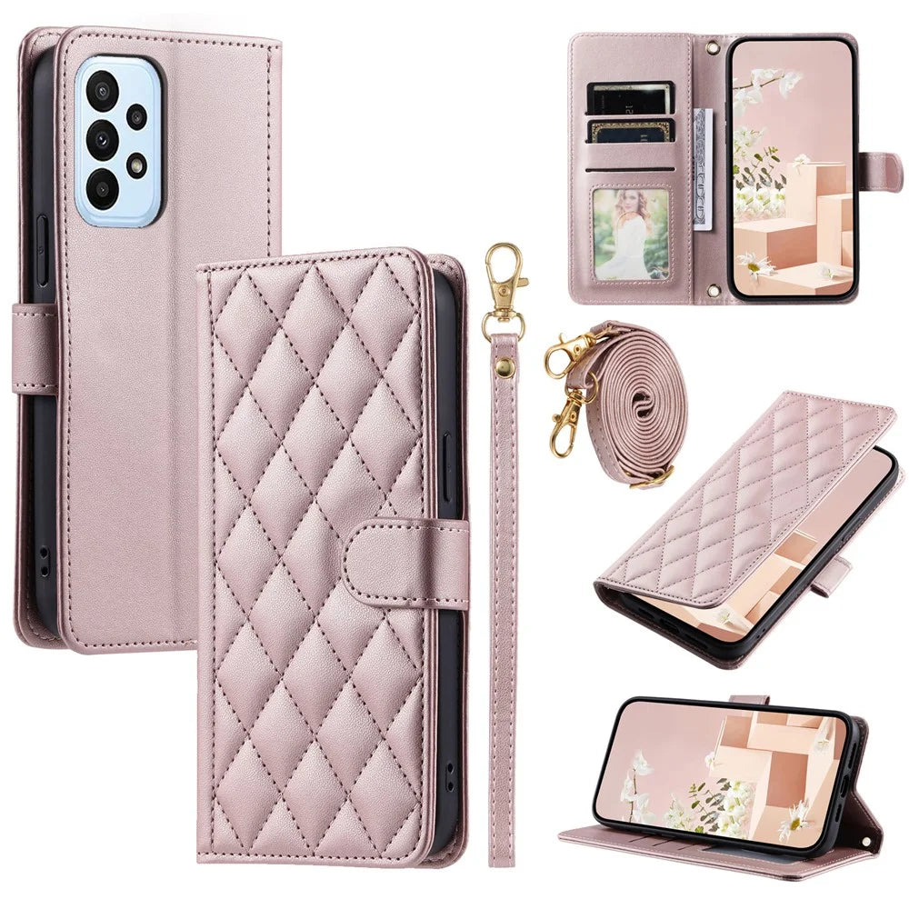 For Samsung Galaxy A52 4G / 5G / A52s 5G Leather Case Rhombus Grid Phone Cover with 2 Straps - Rose Gold - 1