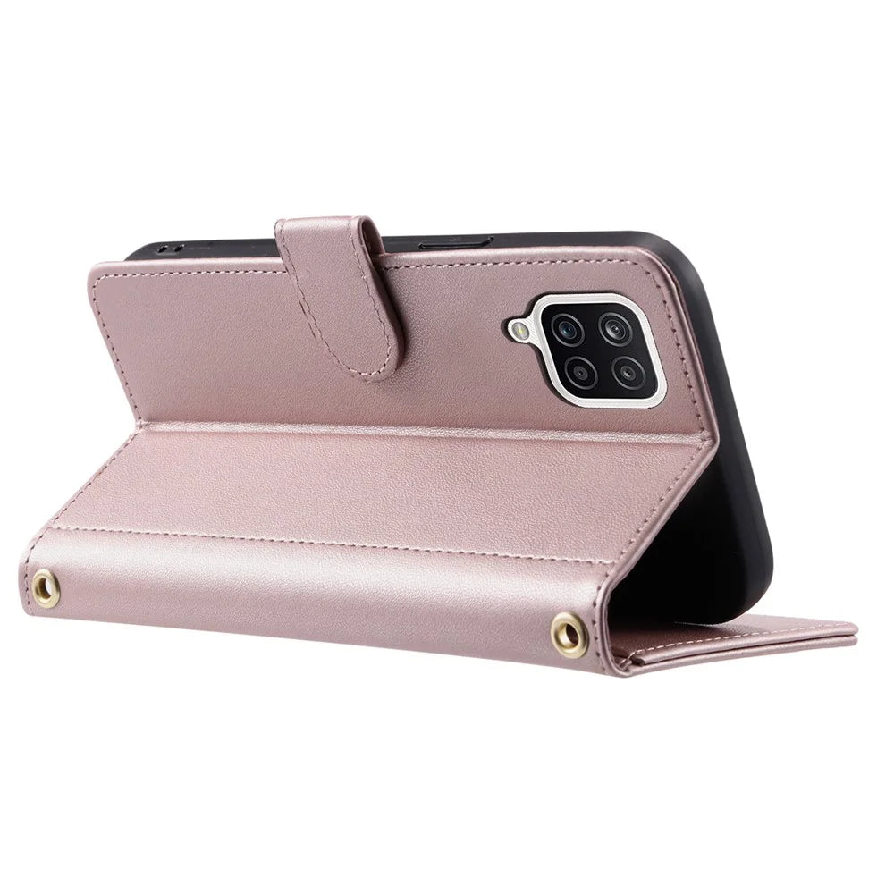 For Samsung Galaxy A12 Case Leather Wallet Flip Phone Cover with Shoulder Strap - Rose Gold - 3